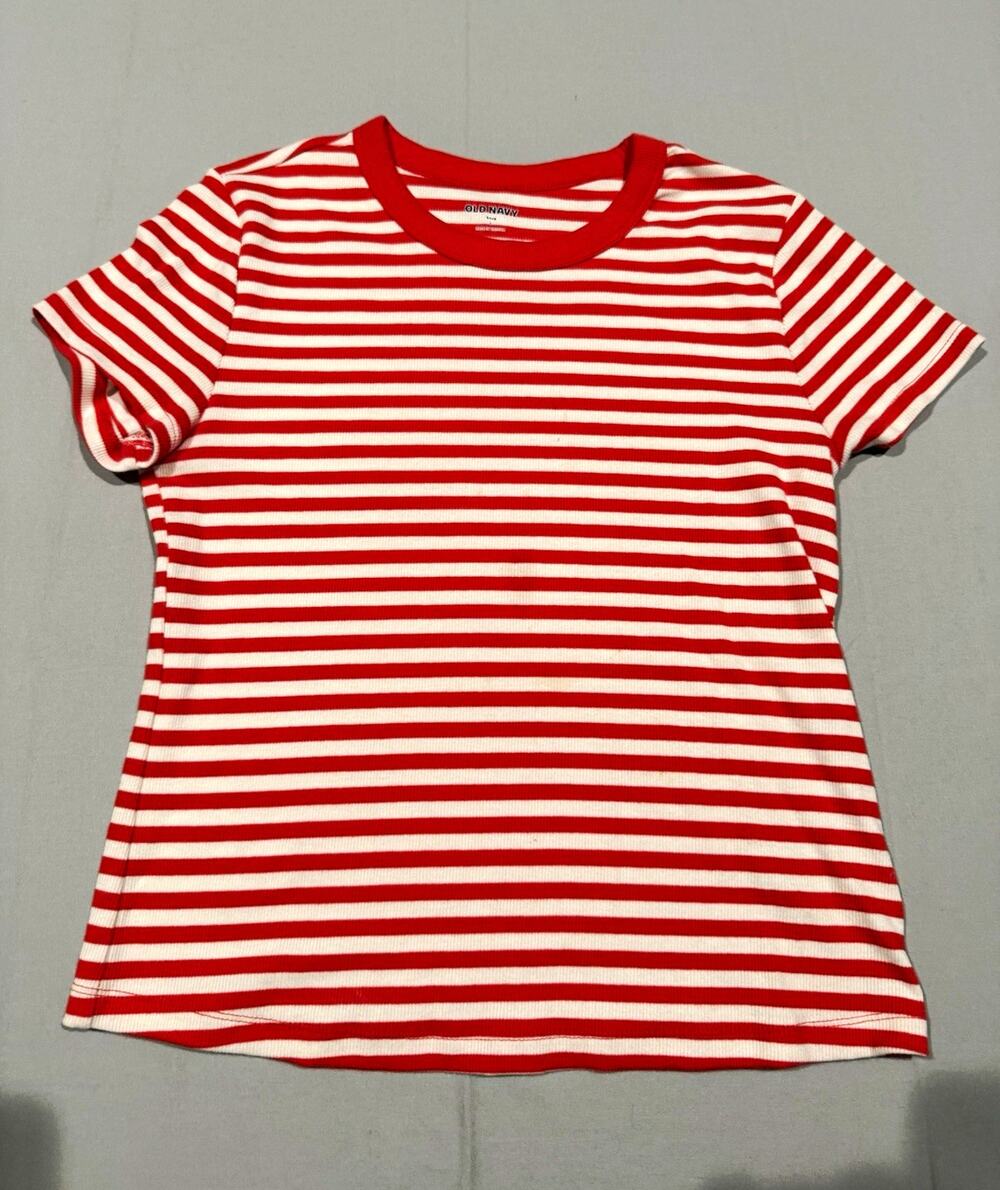 Old Navy girls Red/White Striped Crew Neck Short Sleeve T-Shirt Size L Cotton